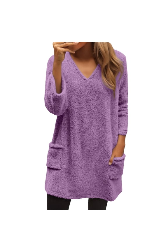 Women's Fluffy Pullover for Fall Winter, Holiday Sweater Long Sweaters Casual Daily Fuzzy Sweater Cropped Sweaters Women's V-Neck Fuzzy Knit Sweater Long Sleeve Pullover, Z-Purple 3XL