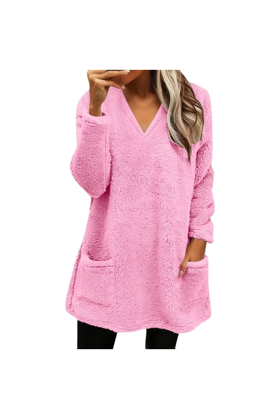 Women's Fluffy Pullover for Fall Winter, Plus Size Sweaters for Women Plush V-Neck Knit Sweater Oversized Sweater Relaxed-Fit V-Neck Knit Top Casual Daily Fuzzy Sweater, Pink XL