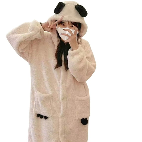 Women's Fluffy Robe Cute Fleece Full Length Bathrobes Soft Plush House Coat with Hood for Adult M-XXL