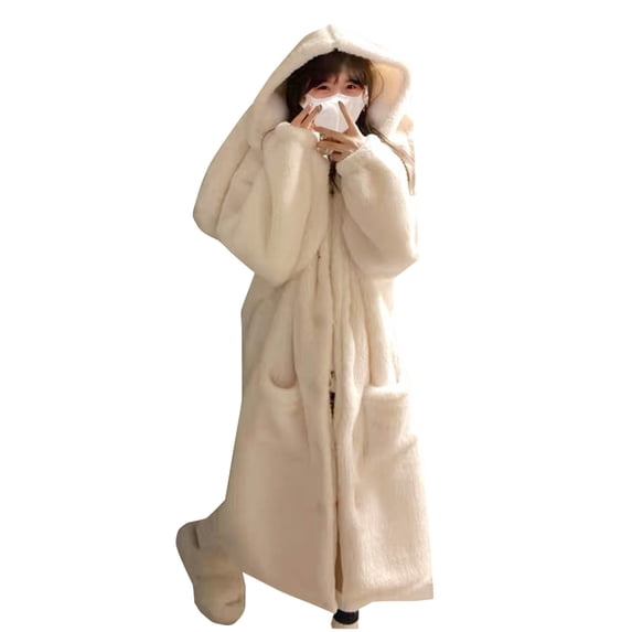 Women's Fluffy Robe Cute Fleece Full Length Bathrobes Soft Plush House Coat with Hood for Adult M-XXL