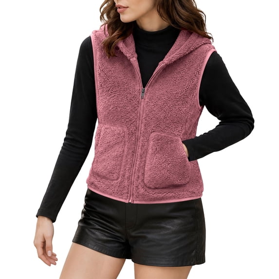 Women's Fluffy Sherpa Fleece Hooded Waistcoat Zip Up Sleeveless Plush Warm Layering Vest with Pockets Fall Winter Casual Outerwear Pink