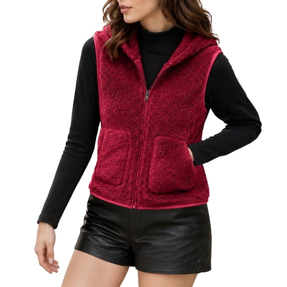 Women's Fluffy Sherpa Fleece Hooded Waistcoat Zip Up Sleeveless Plush Warm Layering Vest with Pockets Fall Winter Casual Outerwear Red