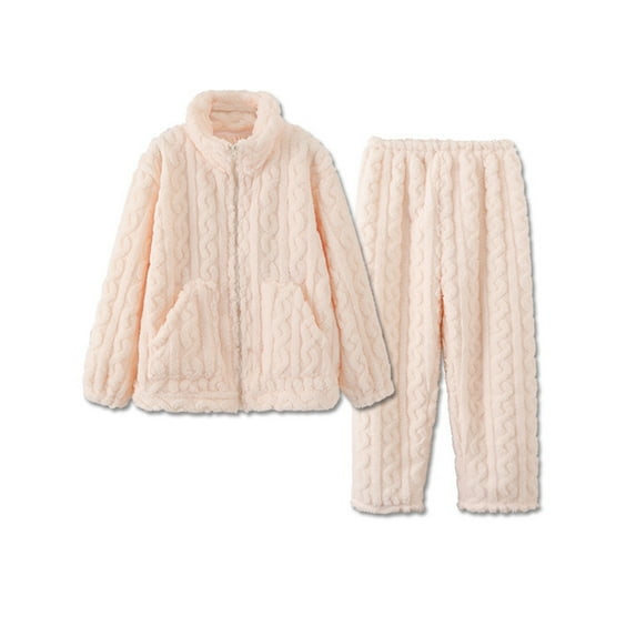 Women’s Fluffy Sherpa-Lined Fleece Pajama Set – Trendy Zip-Up Jacket & Joggers with Pockets for Cozy Winter Nights