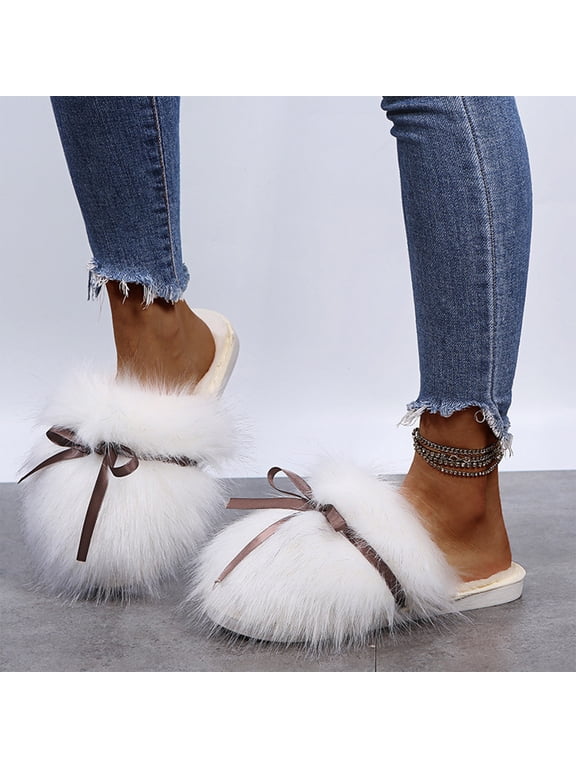 Women's Fluffy Slipper Slides, Faux Fur Open Back Mules, Elegant Ribbon Bow House Shoes for Spa Pajama Parties, Soft Plush Indoor Outdoor Flat Sandals for Winter Lounge Wear, White 5.5