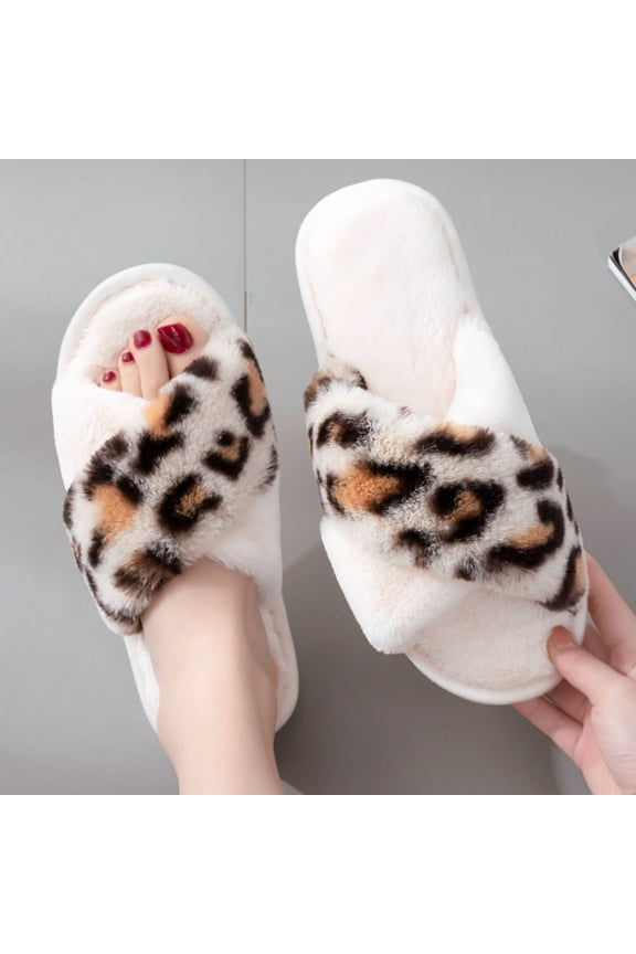 Women's Fluffy Slippers, Plush Slippers, Home Slippers, Cross Leopard Print Slippers