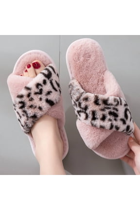 Women's Fluffy Slippers, Plush Slippers, Home Slippers, Cross Leopard Print Slippers