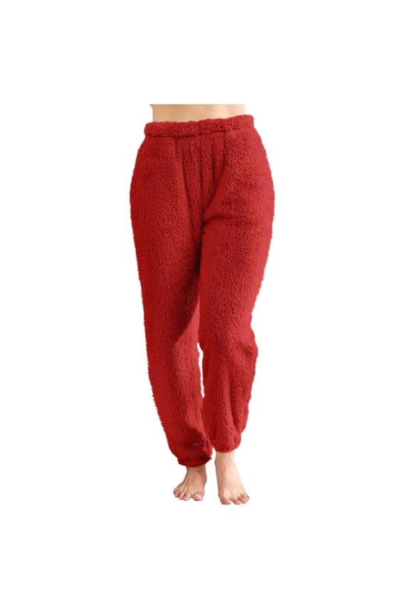 Women's Fluffy Teddy Plush Pants Fuzzy Warm Lightweight Pajama Pants Sleepwear Loungewear Trouser with Pockets