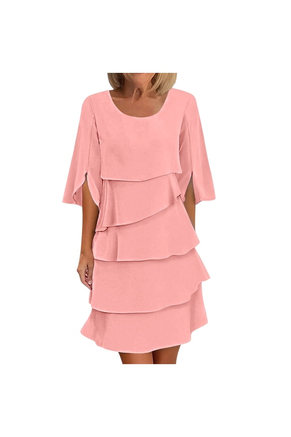 Women's Flutter 3/4 Sleeve Cocktail Dress Crew Neck Ruffle Layered Formal Wedding Guest Party Dresses