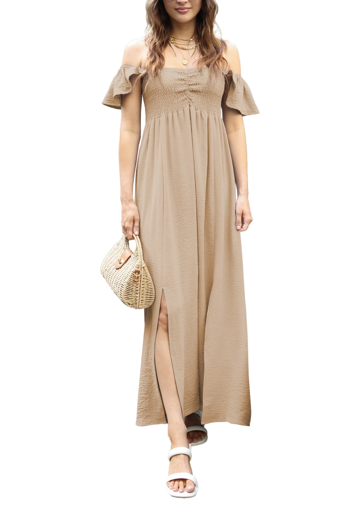 Women's Flutter Cap Sleeve Shirred Smocked Bodice Maxi Dress with Front  Slits, Beige, Small - Walmart.com