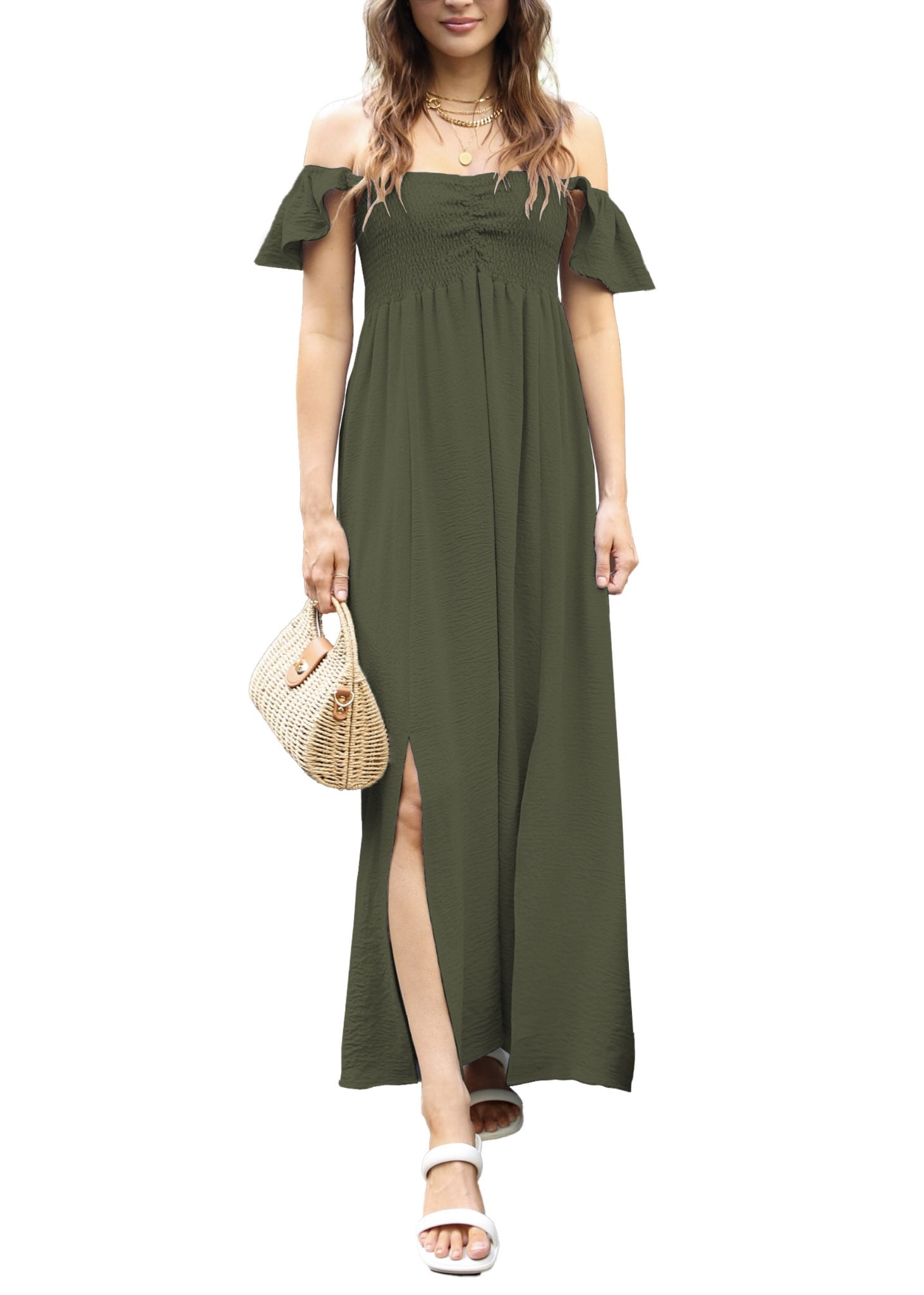 olive green smocked dress BROOKLYN WAVY ASYMMETRIC DRESS– PH5 main image 0