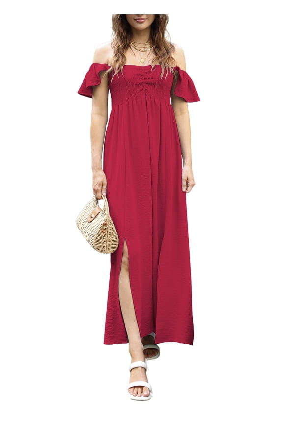 Women's Flutter Cap Sleeve Shirred Smocked Bodice Maxi Dress with Front Slits, Red, Small
