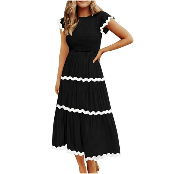 Women's Flutter Short Sleeve Smocked Midi Dress 2024 Casual High Waist Rickrack Tiered Flowy Dresses with Pockets