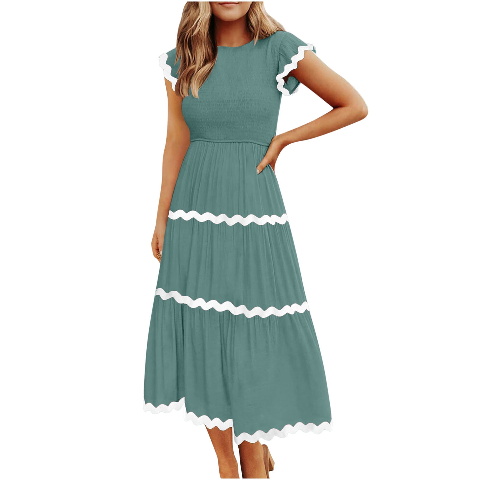 Oplxuo Women's Flutter Short Sleeve Smocked Midi Dress 2024 Casual High Waist Rickrack Tiered Flowy Dresses with Pockets, Size: XL, Green