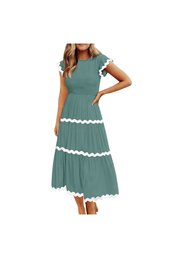 Women's Flutter Short Sleeve Smocked Midi Dress 2024 Casual High Waist Rickrack Tiered Flowy Dresses with Pockets