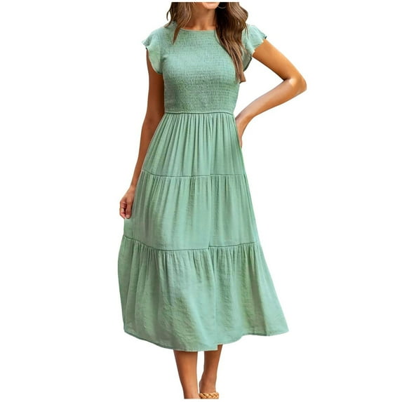 Women's Flutter Short Sleeve Smocked Midi Dress Summer Casual Tiered A-Line Dress Bohemian Beach Sundresses