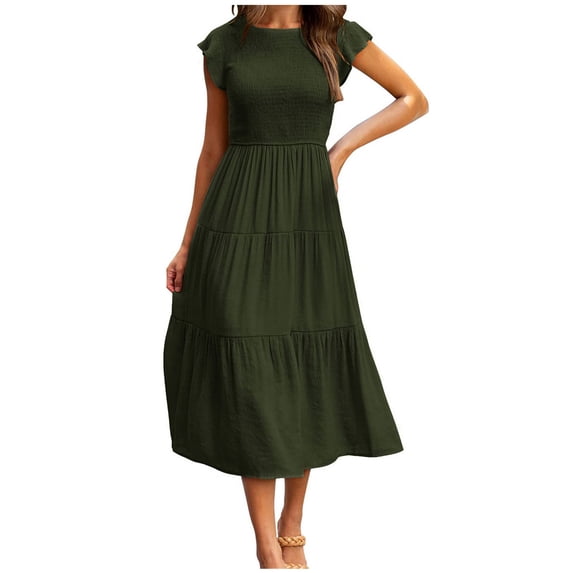 Women's Flutter Short Sleeve Smocked Midi Dress Summer Casual Tiered A-Line Dress Bohemian Beach Sundresses