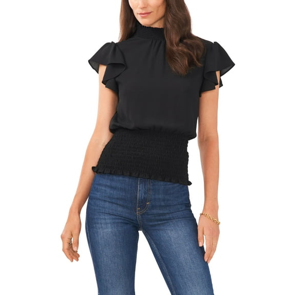 Women's Flutter Short Sleeve Smocked Neck Top Rich Black XS