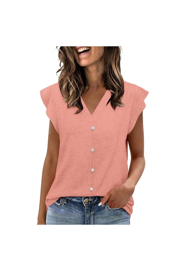 Women's Flutter Sleeve Button Accent Shirts Summer Comfy V-Neck Short Sleeve Blouses Loose Fit Casual Daily Wear Tops Pink