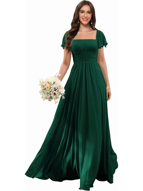 Women's Flutter‑Sleeve Chiffon Square‑Neck Maxi A‑Line Bridesmaid Dress, Formal Evening Gown With Pockets