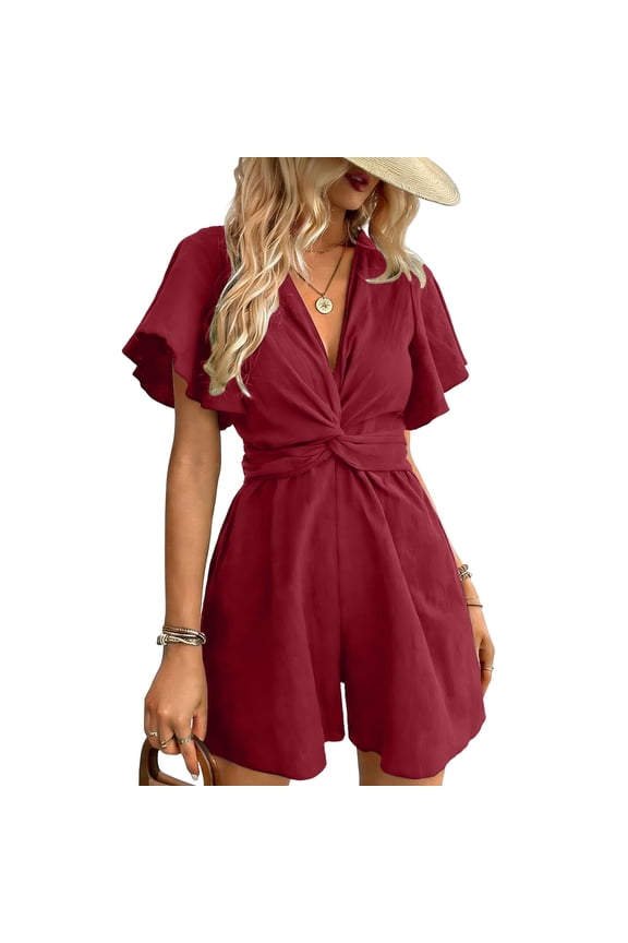 Women's Flutter Sleeve Linen Rompers, Boho Summer Twist Front V Neck Shorts Jumpsuit One Piece Beach Vacation Outfits