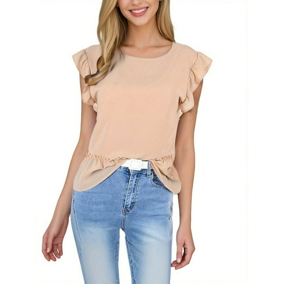 Women's Flutter Sleeve Round Neck Blouse With Gathered Waist- Large, Beige