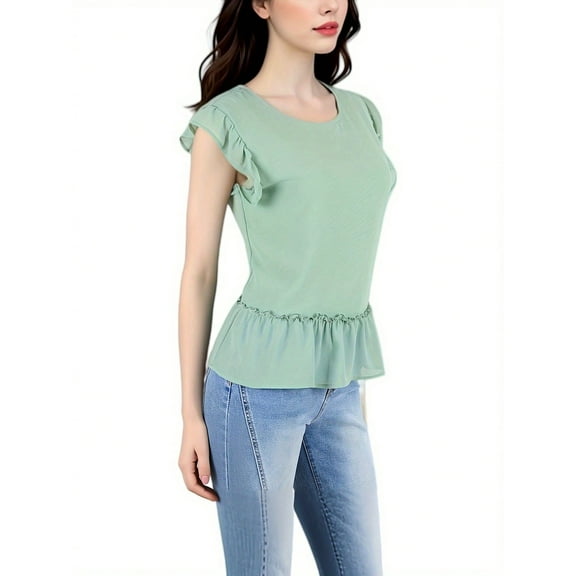 Women's Flutter Sleeve Round Neck Blouse With Gathered Waist- Small, Green