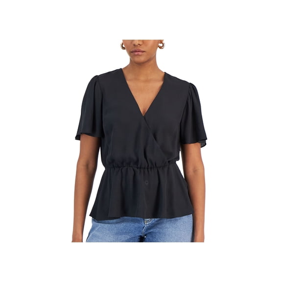 Women's Flutter Sleeve Ruffle Top Deep Black S