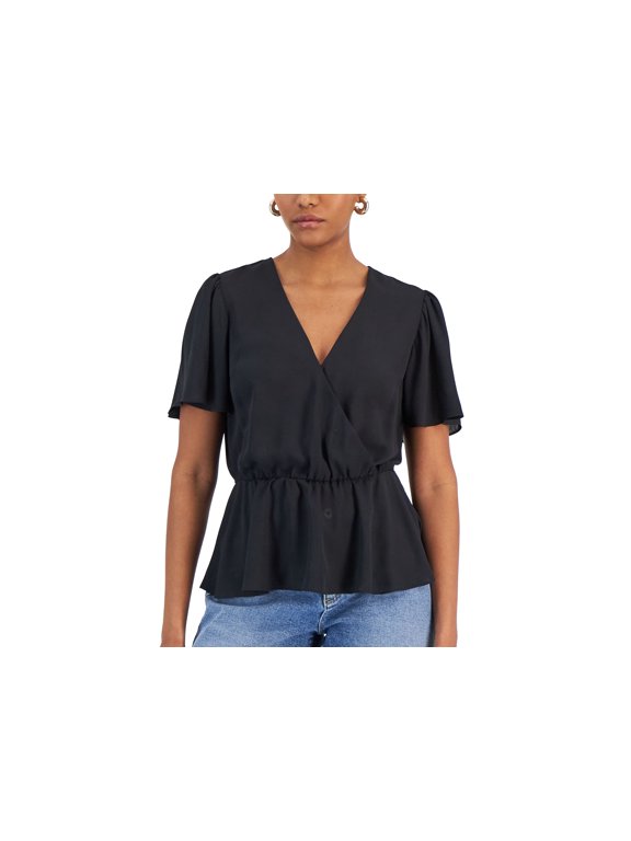 Women's Flutter Sleeve Ruffle Top Deep Black S