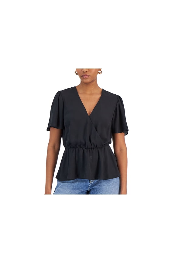 Women's Flutter Sleeve Ruffle Top Deep Black S