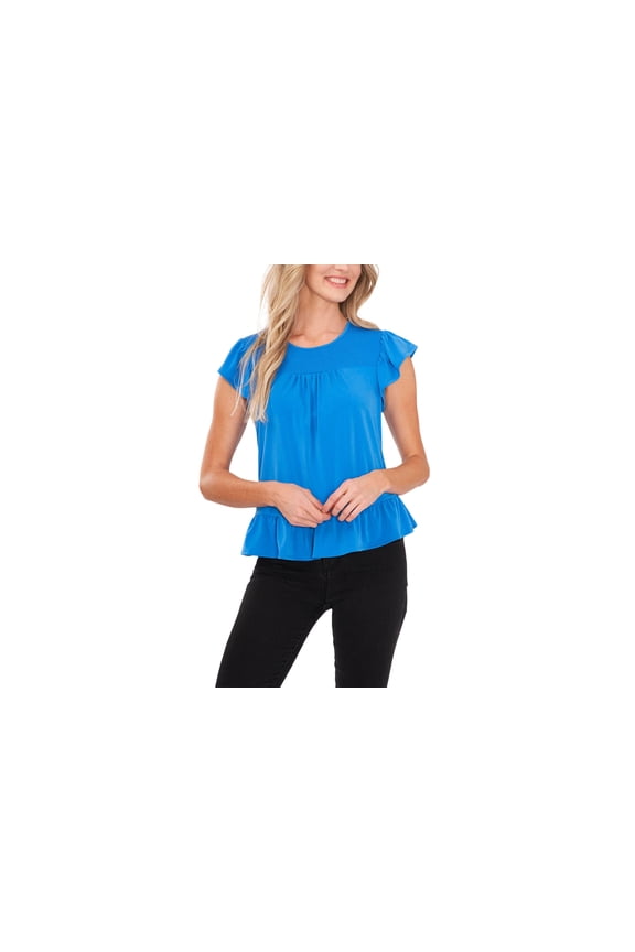 Women's Flutter Sleeve Smocked-Yoke Ruffle Hem Knit Top Ocean Blue S