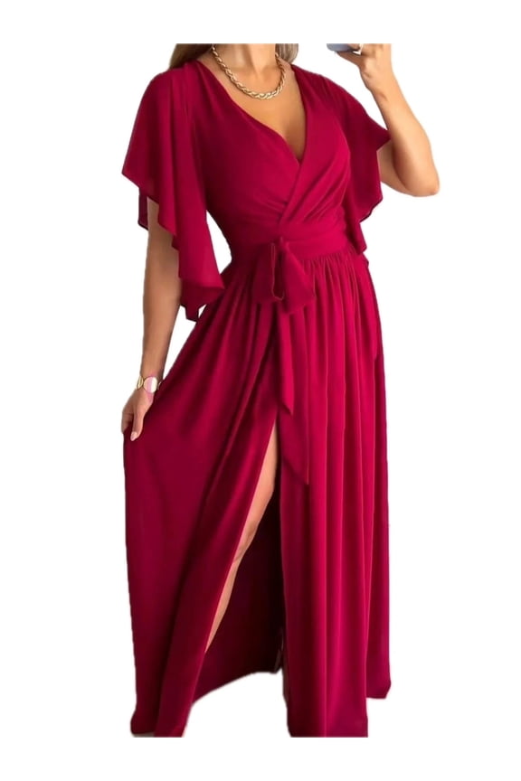 Women's Flutter Sleeve Surplice Tie Waist Dress Ruched Slit Detail Comfortable Elegant Everyday Wear 100% polyester