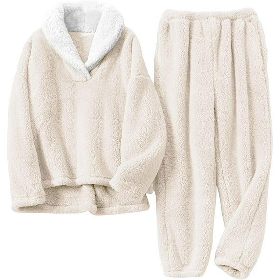 Women's Fluzzy Sherpa Fleece Pajamas Warm Pullover Lapel Sleepwear Sets