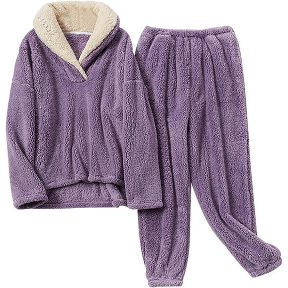 Women's Fluzzy Sherpa Fleece Pajamas Warm Pullover Lapel Sleepwear Sets