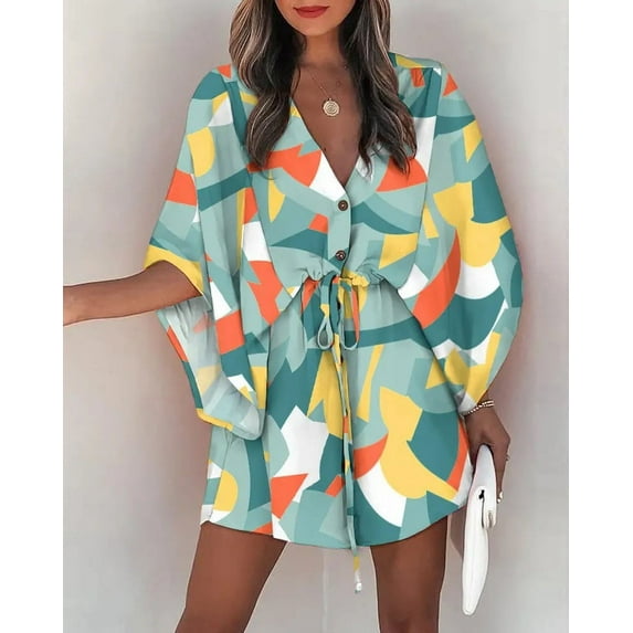New Women's Flying Sleeves Commuting V-neck Lace-up Casual Vacation Dress Clothing