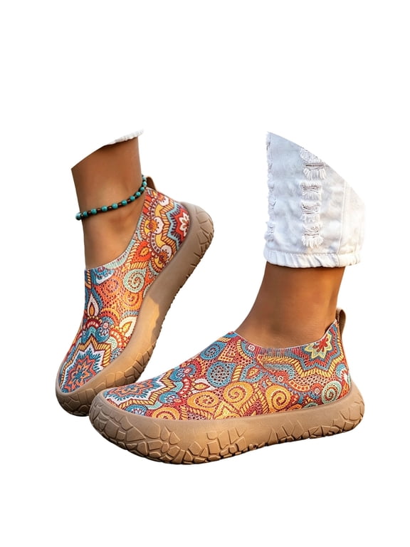 Women's Flyknit Breathable Slip-On Casual Rubber Shoes, Thick-Sole Anti-Slip Walking Flats, Multi-Color Options for Spring Footwear