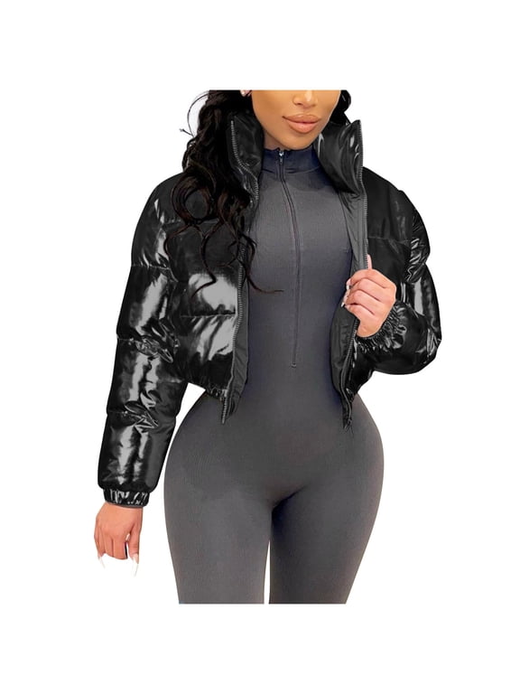 Women's Foil-Print Crop Puffer with a Shiny Finish and Collared Neckline Long Sleeve Jacket Featuring a Quilted Design and Zip Closure