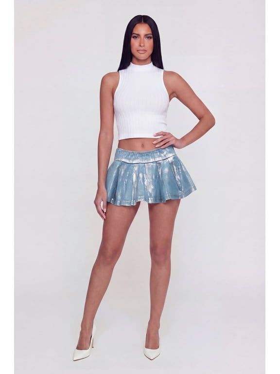 Women's Foil Screen Denim Pleated Micro Mini Skirt