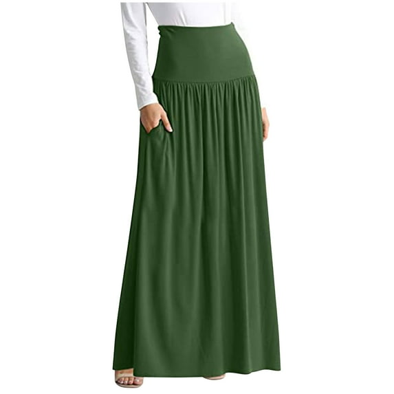 Women's Fold High Waist Ruched Maxi Skirt Solid Color with Pocket Plus Size S-4XL