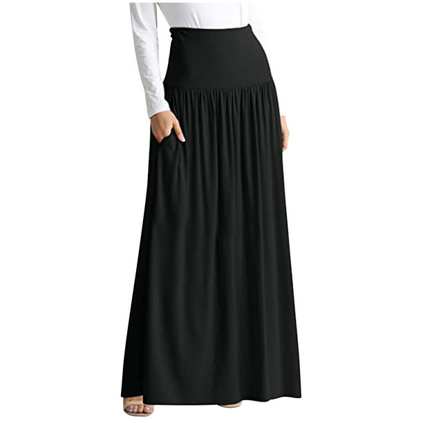 Women s Fold High Waist Ruched Maxi Skirt Solid Color with Pocket Plus Size S 4XL