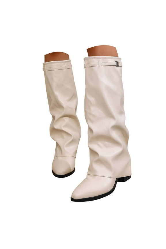Women's Fold Over Boots Chunky Heel Slouch Knee High Boots Wide Calf Winter Pull on Dressy Tall Boot