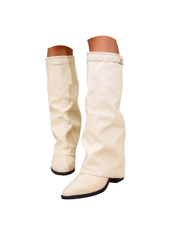 Women's Fold Over Boots Chunky Heel Slouch Knee High Boots Wide Calf Winter Pull on Dressy Tall Boot