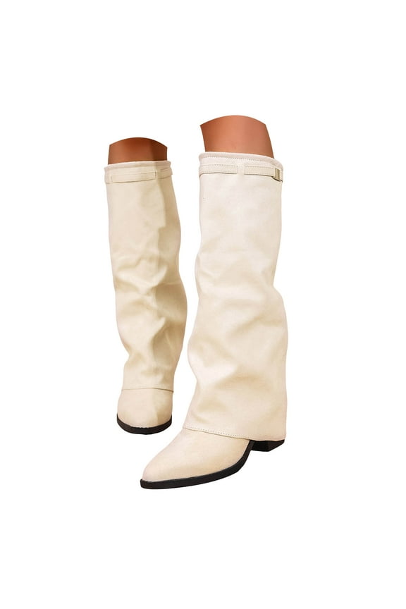 Women's Fold Over Boots Chunky Heel Slouch Knee High Boots Wide Calf Winter Pull on Dressy Tall Boot
