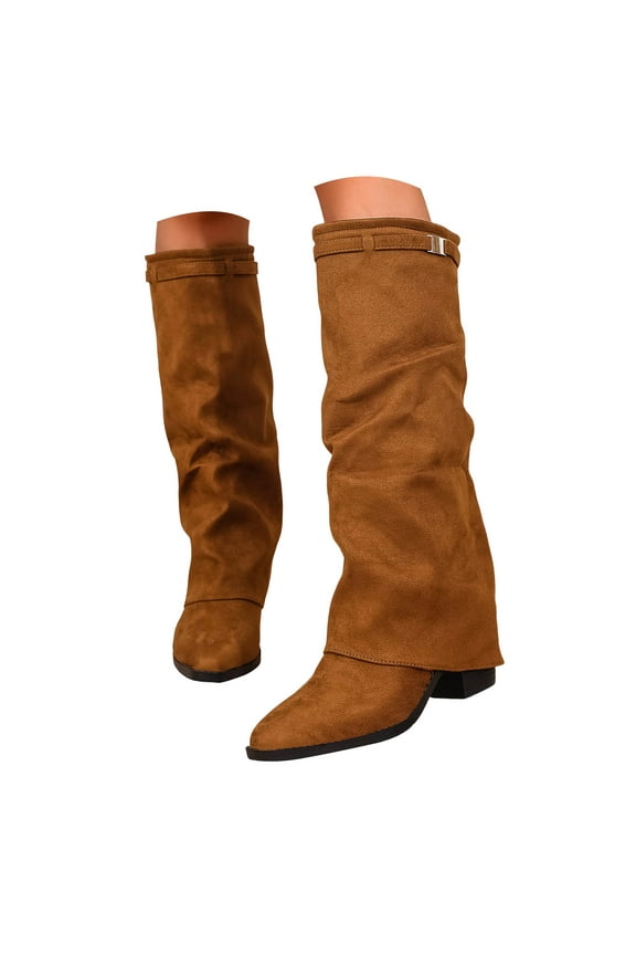 Women's Fold Over Boots Chunky Heel Slouch Knee High Boots Wide Calf Winter Pull on Dressy Tall Boot