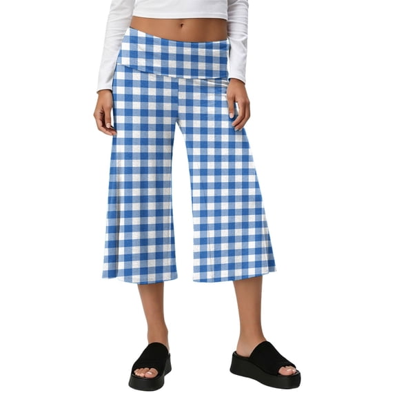 Women's Fold Over Capri Pants Y2K Low Rise Wide Leg Flowy Gaucho Pants Summer Plaid Going Out Yoga Capris Blue XL