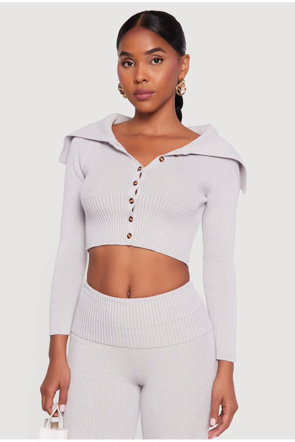 Women's Fold Over Collar Ribbed Knit Button Front Sweater