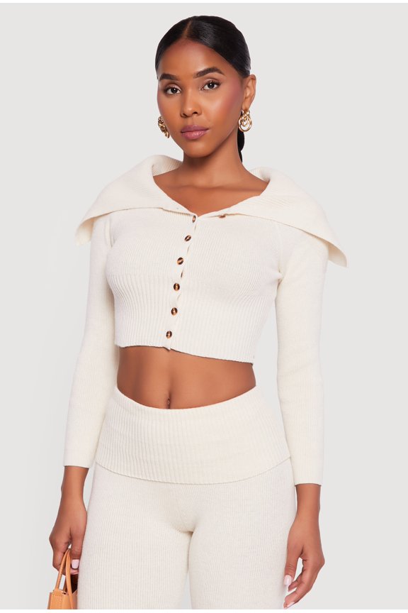Women's Fold Over Collar Ribbed Knit Button Front Sweater