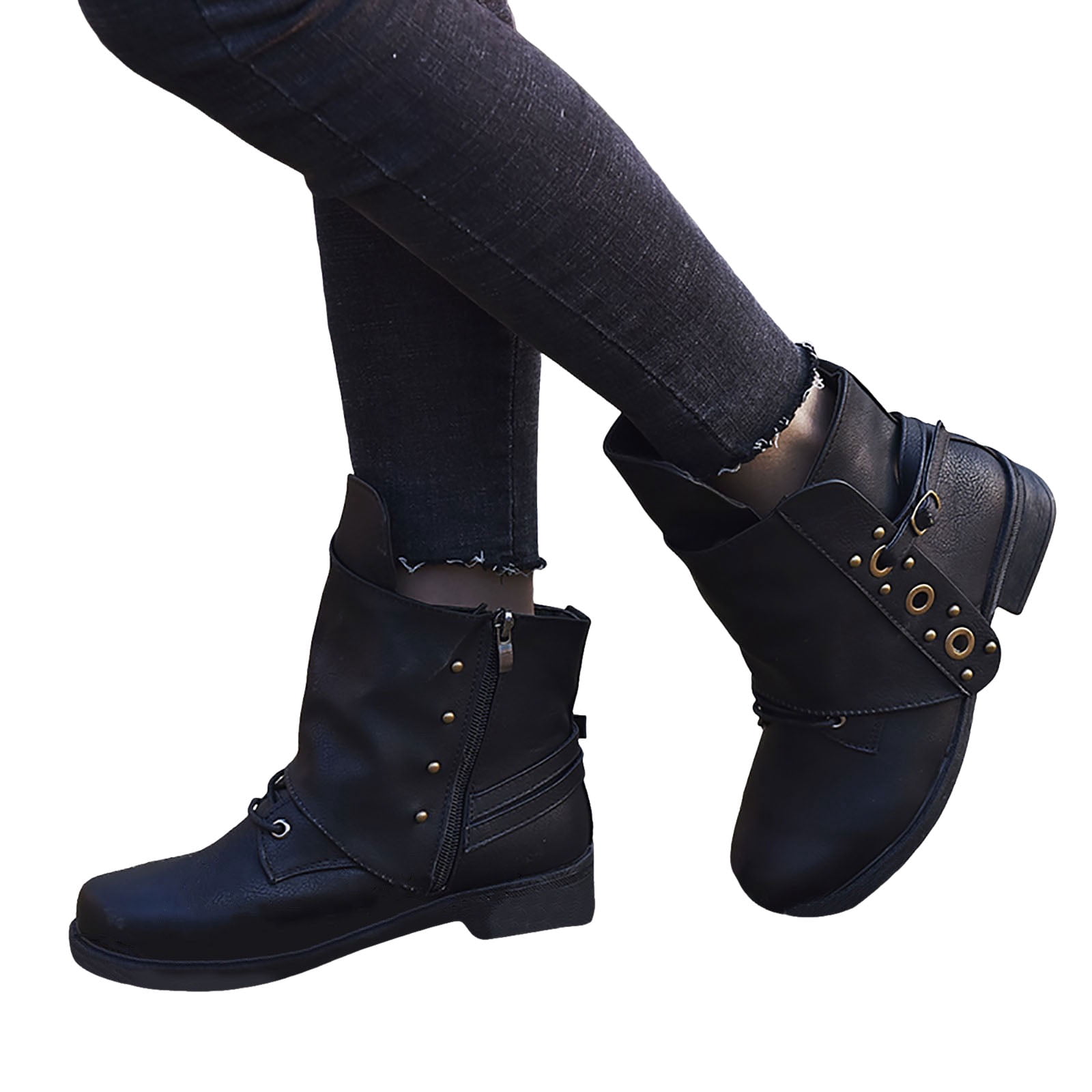 Black Fold Over Combat Boots Women Black Folded Faux Leather Heeled
