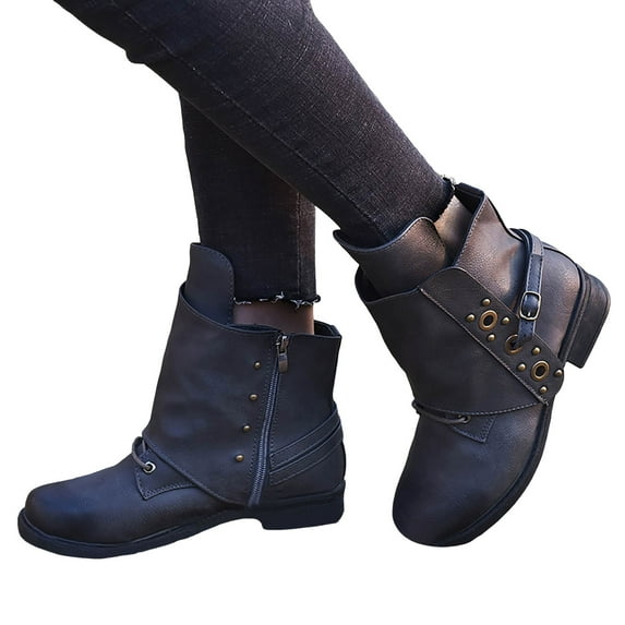 Women's Fold Over Combat Boots Black Punk Gothic Leather Military Wide Mid Calf Riding Short Boots for Women