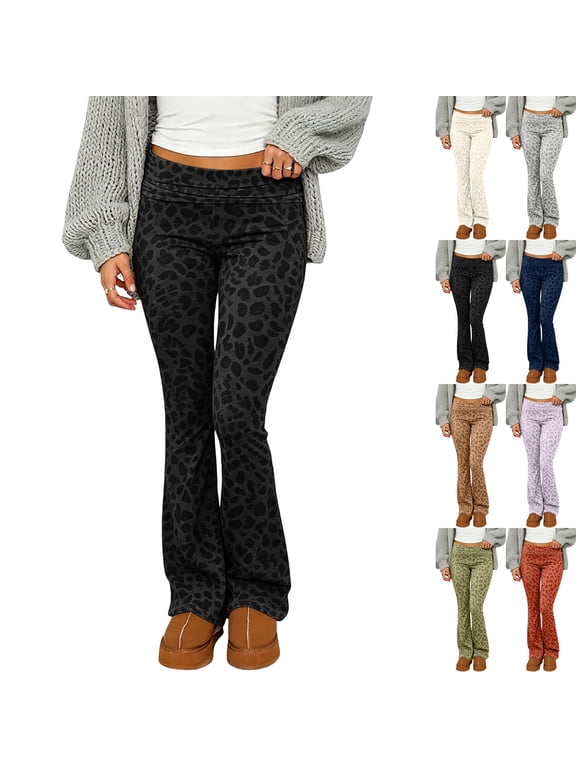 Women's Fold Over Flare Leggings High Waisted Leopard Print Yoga Pants Y2K Casual Wide Leg Flared Bootcut Leggings Black,S