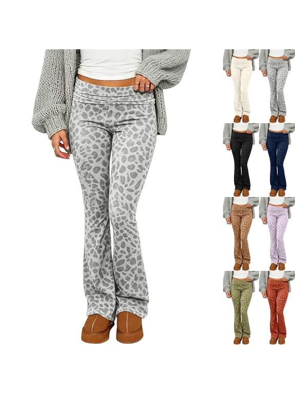 Women's Fold Over Flare Leggings High Waisted Leopard Print Yoga Pants Y2K Casual Wide Leg Flared Bootcut Leggings Gray,S